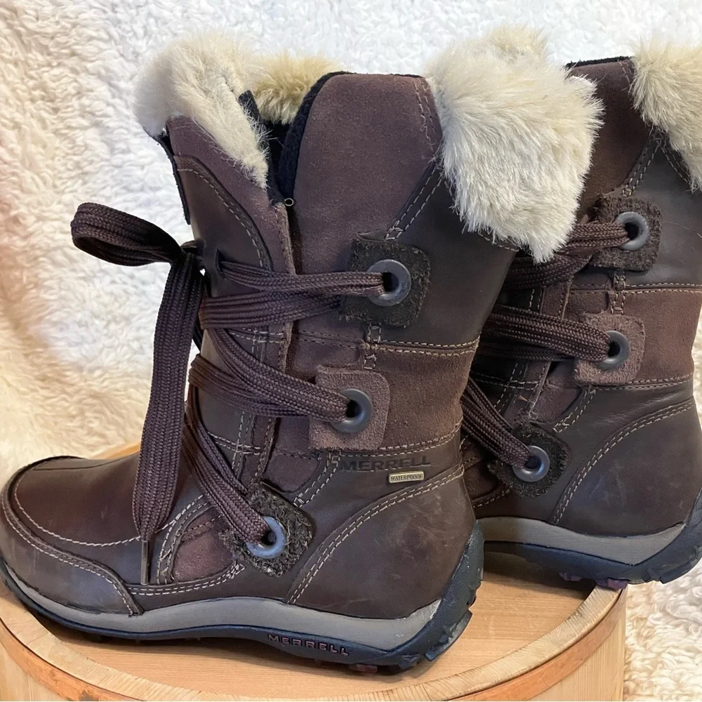 Merrell Nikita Winter Boots Brown Leather Primaloft Waterproof Hiking Size 6 - Picture 3 of 11